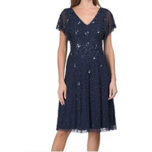 Adrianna Papell Floral Applique & Beaded Midi Dress Sz 4